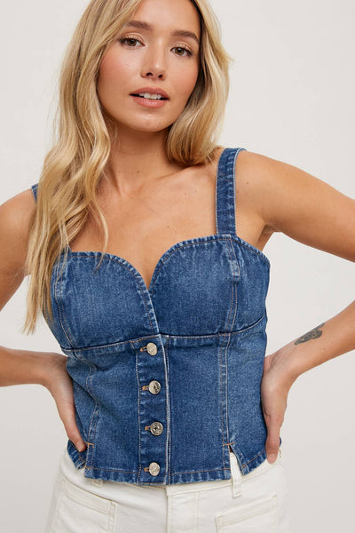 Denim Button Front Sleeveless Crop Top: Washed Denim