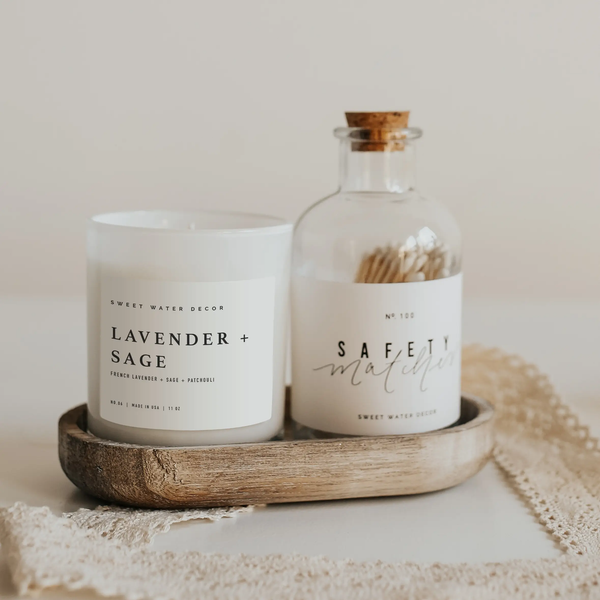 Soy Candle - Lavender and Sage - White Jar Candle + Wood Lid